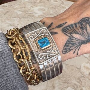 14K & Sterling Silver Wide Cuff Blue Topaz 57g